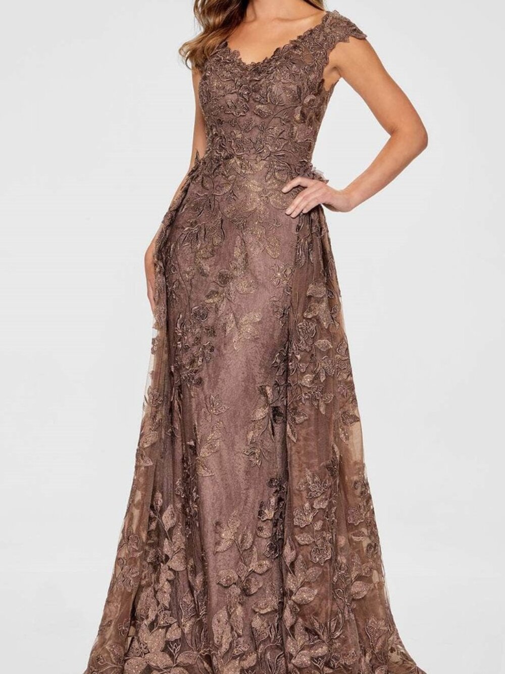 Elegant Lace Appliqué Maxi Dress in Taupe